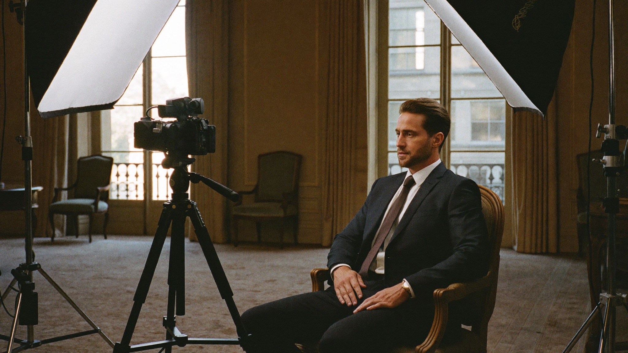 An investment real estate advisor being filmed in an elegant salon