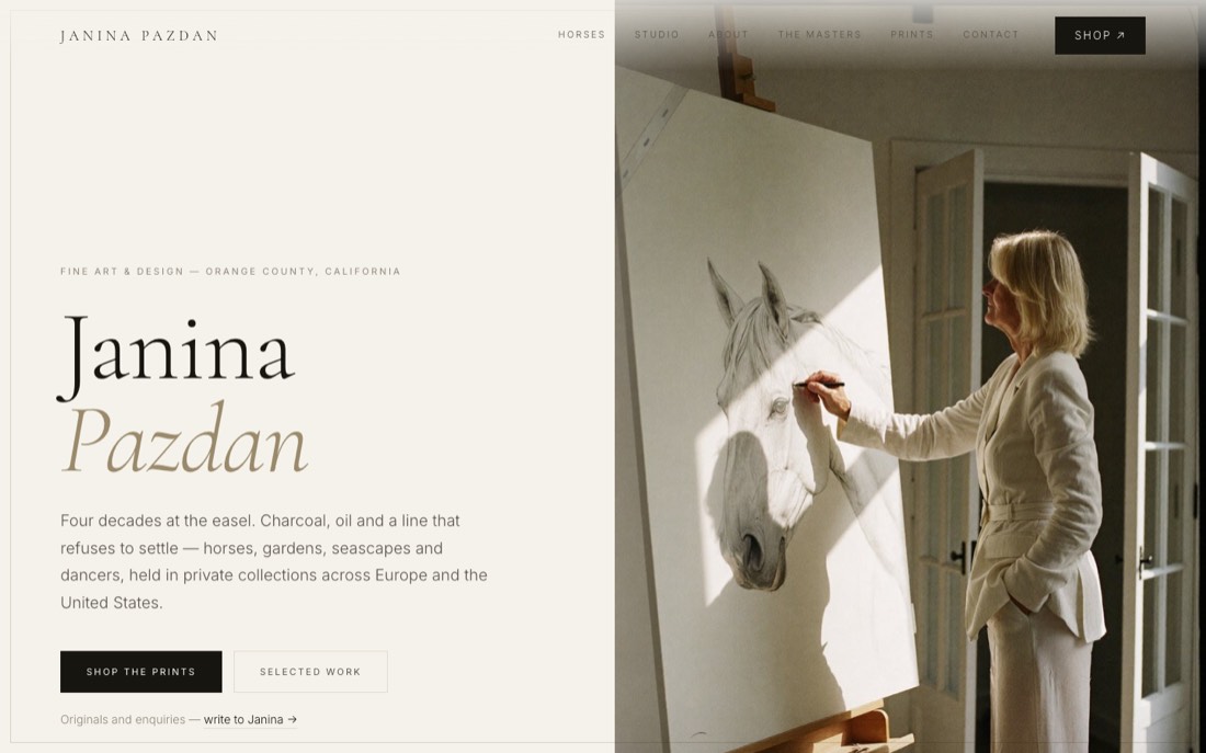 Janina Pazdan website — fine art homepage with editorial layout