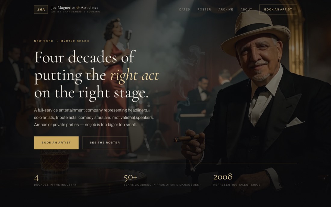 Joe Magnetico & Associates website — dark editorial homepage