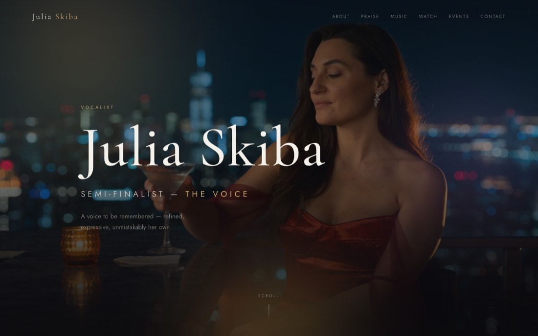 Julia Skiba vocalist website — cinematic dark homepage