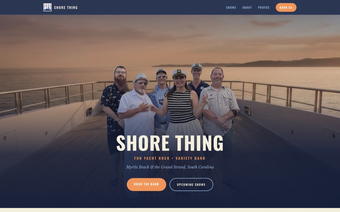 Shore Thing band website — homepage with band photo on a boat deck