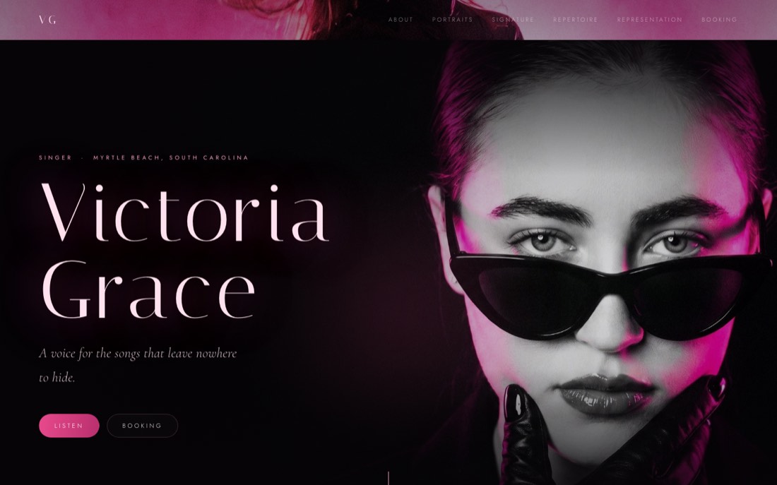 Victoria Grace website — dark homepage with pink art direction